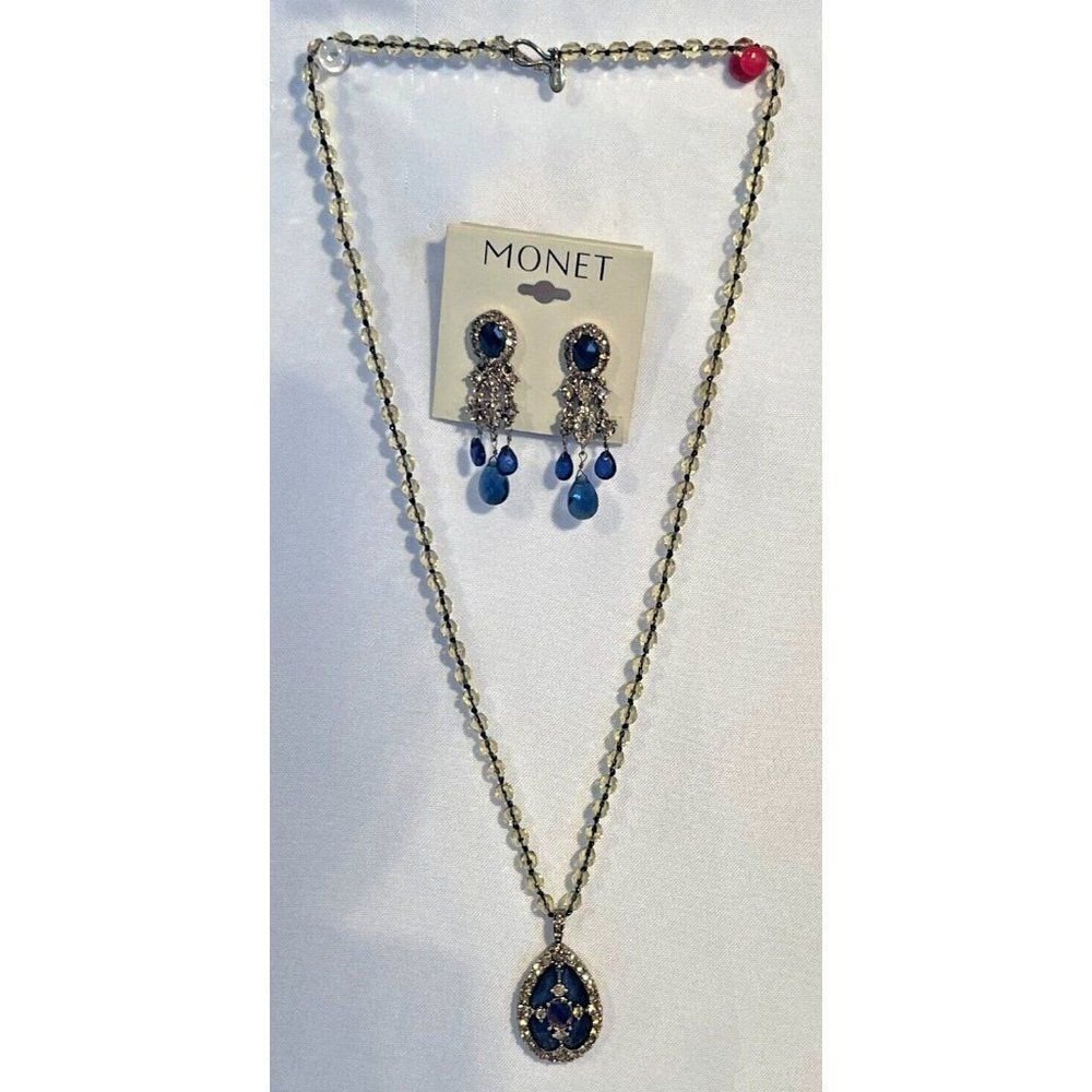 Monet Necklace Locket and earrings set Goldtone Navy Blue Beaded